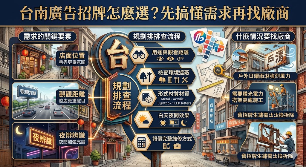 想規劃台南廣告招牌卻不知道從哪開始?本文整理台南廣告招牌製作前必看的需求確認、材質選擇、安裝位置、夜間辨識、報價項目與維修保養重點,幫助店家從現場條件、品牌風格與預算方向判斷適合的招牌形式,避免招牌不明顯、資訊太雜或後續追加費用,讓門面更清楚、專業又具吸引力。