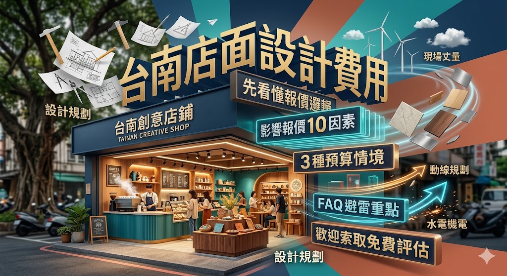 台南店面設計費用會依坪數、業種、設計風格、施工範圍、材料等級與現場條件而有所不同。第一次找廠商時,建議先了解台南店面設計報價單中的設計費、工程費、材料費、監工費與追加費用規則,並準備店面照片、坪數、預算與開幕時間,才能更精準評估方案。透過完整掌握台南店面設計費用組成與影響報價的因素,能降低預算落差,也能避免後續隱藏費與施工認知不同的問題。